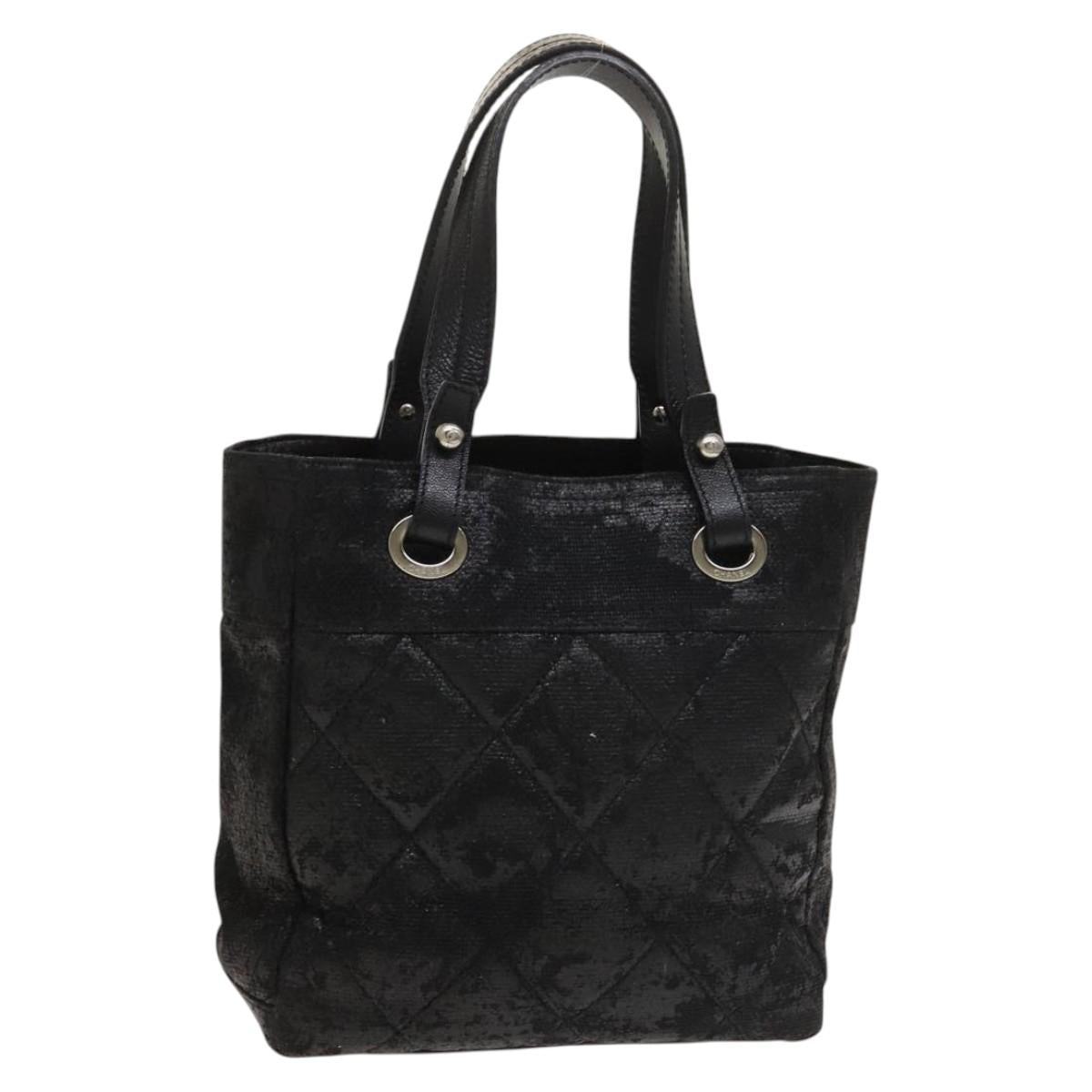 CHANEL Paris Biarritz Tote Bag Coated Canvas Black Silver CC Auth 129603