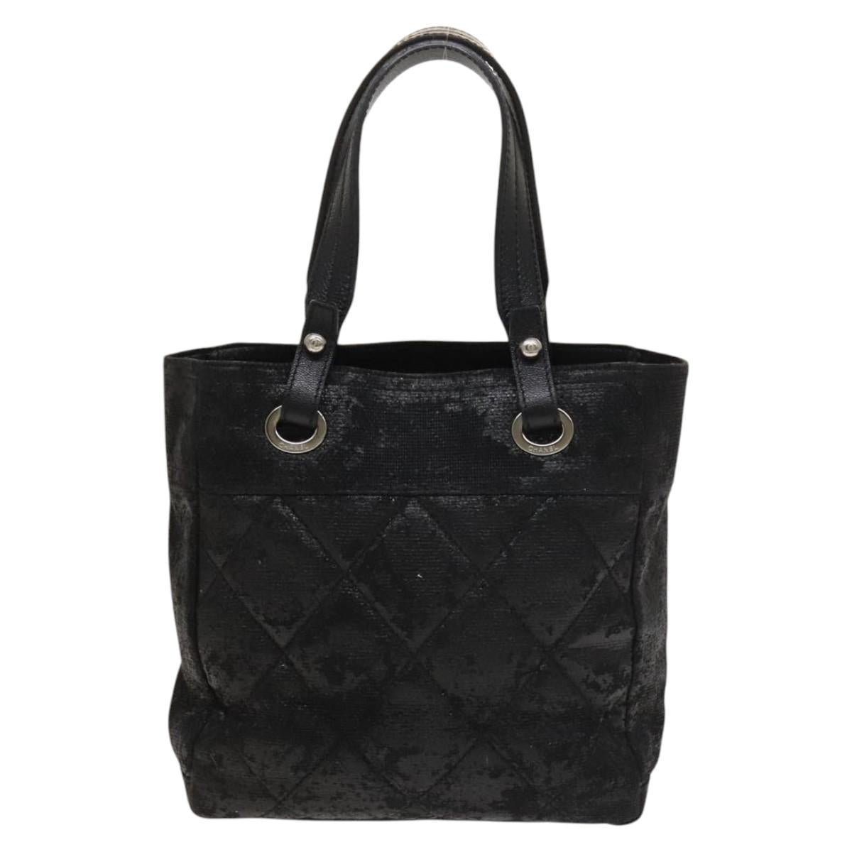 CHANEL Paris Biarritz Tote Bag Coated Canvas Black Silver CC Auth 129603
