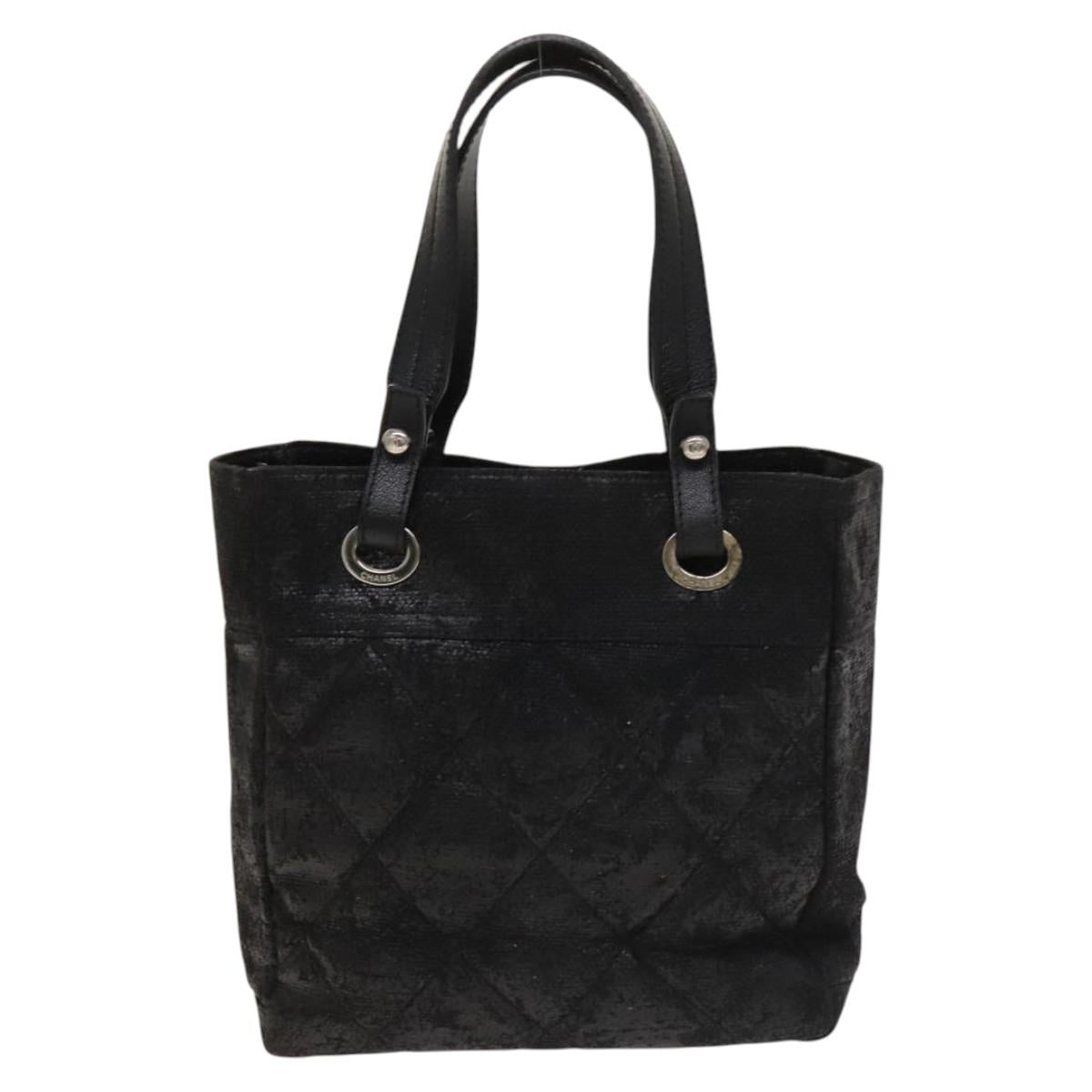 CHANEL Paris Biarritz Tote Bag Coated Canvas Black Silver CC Auth 129603