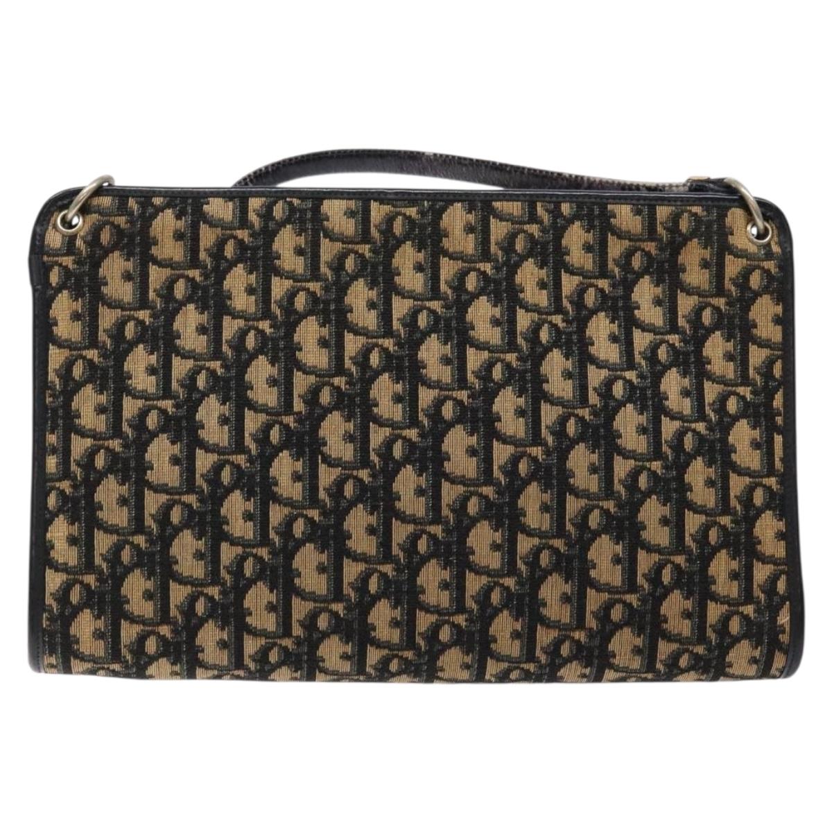 Christian Dior Trotter Canvas Shoulder Bag Navy Gold Auth 129622