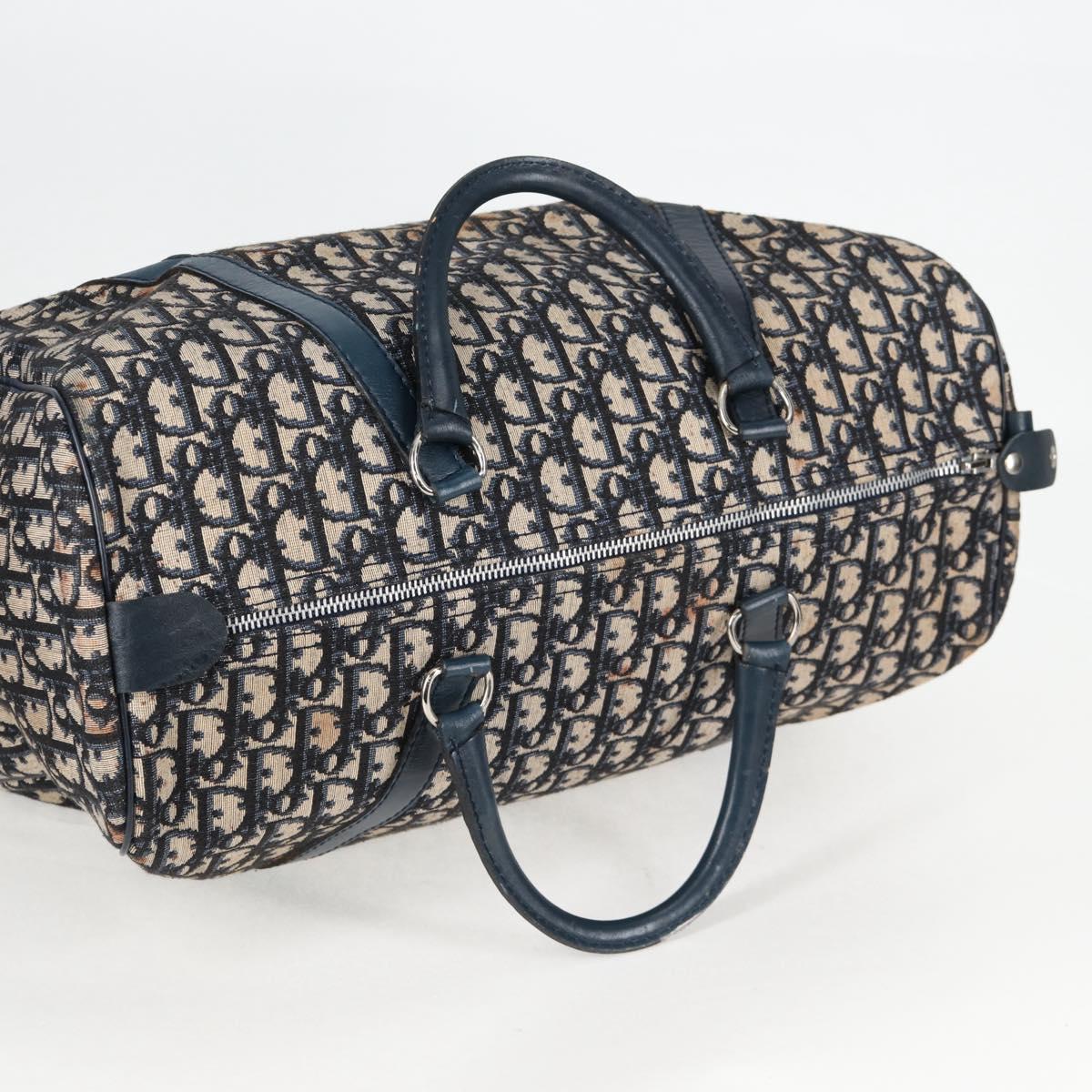 Christian Dior Trotter Canvas Boston Bag Navy Silver Auth 129623
