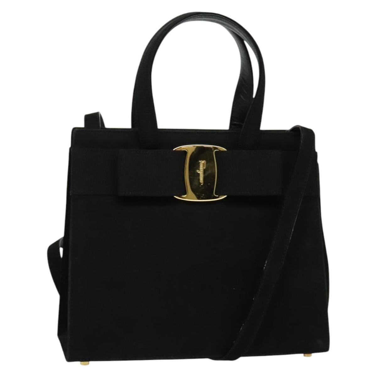 Salvatore Ferragamo Hand Bag Suede 2way Black Silver Auth 129645