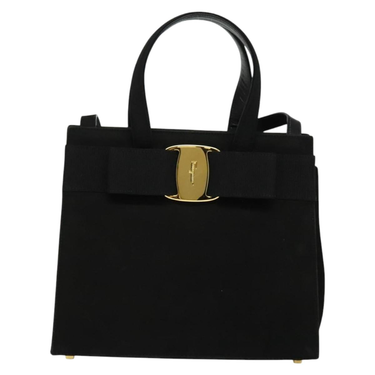Salvatore Ferragamo Hand Bag Suede 2way Black Silver Auth 129645