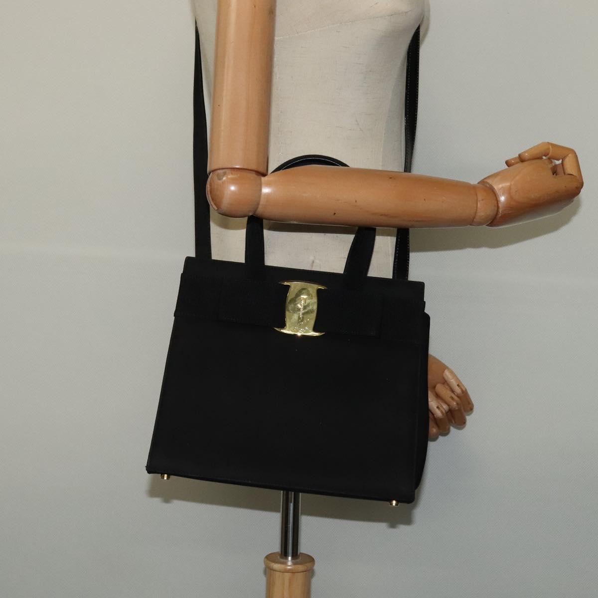 Salvatore Ferragamo Hand Bag Suede 2way Black Silver Auth 129645