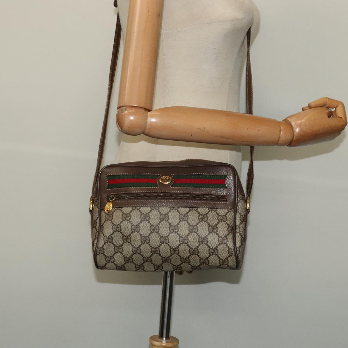 GUCCI GG Supreme Web Sherry Line Shoulder Bag PVC Beige Gold Auth 129651