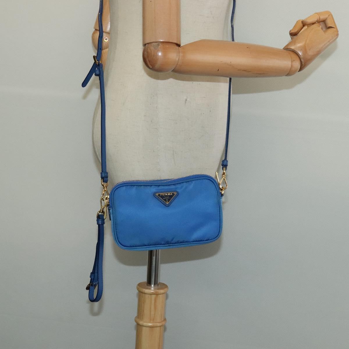 PRADA Shoulder Bag Nylon Gold Blue Auth 129679A