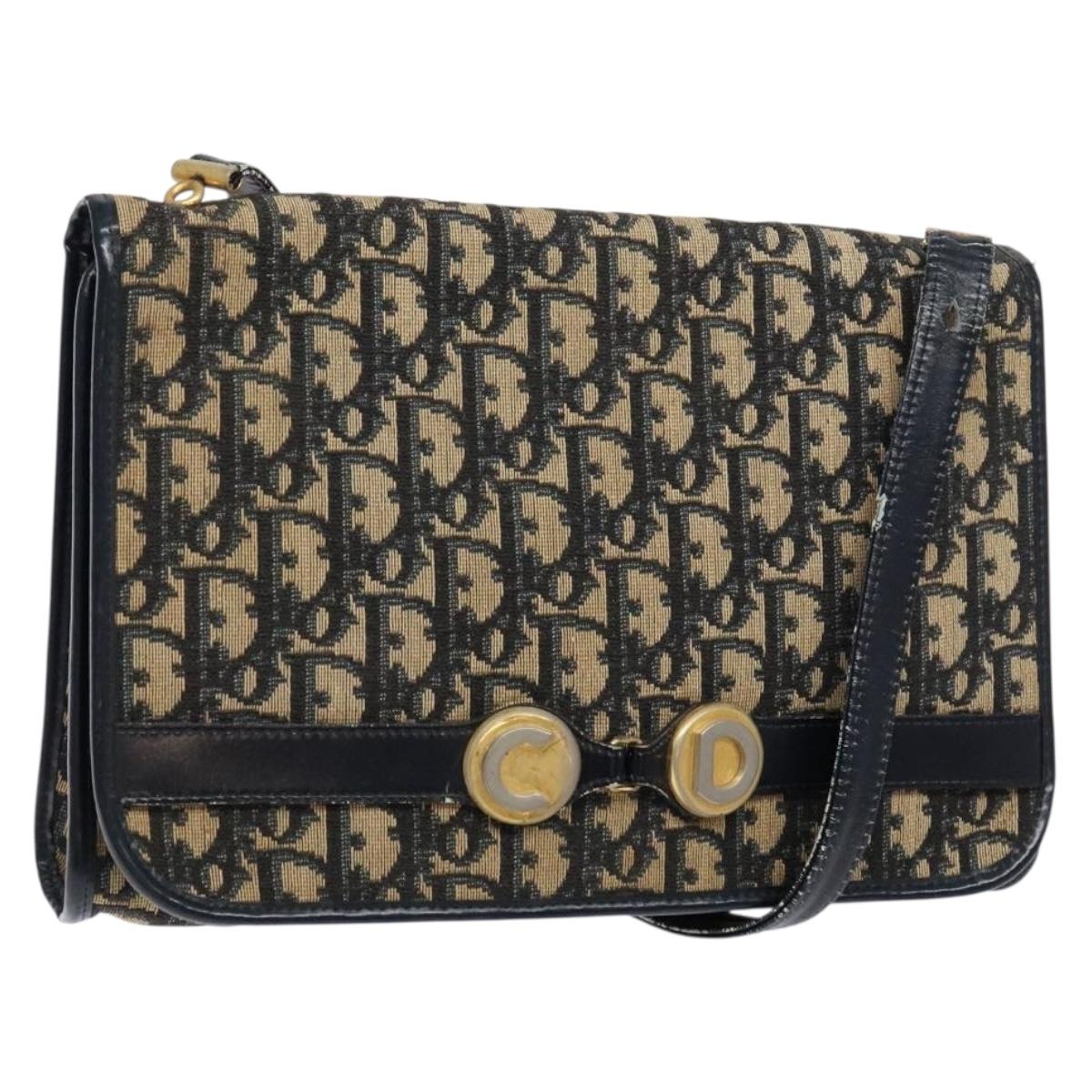 Christian Dior Trotter Canvas Shoulder Bag Navy Gold Auth 129696