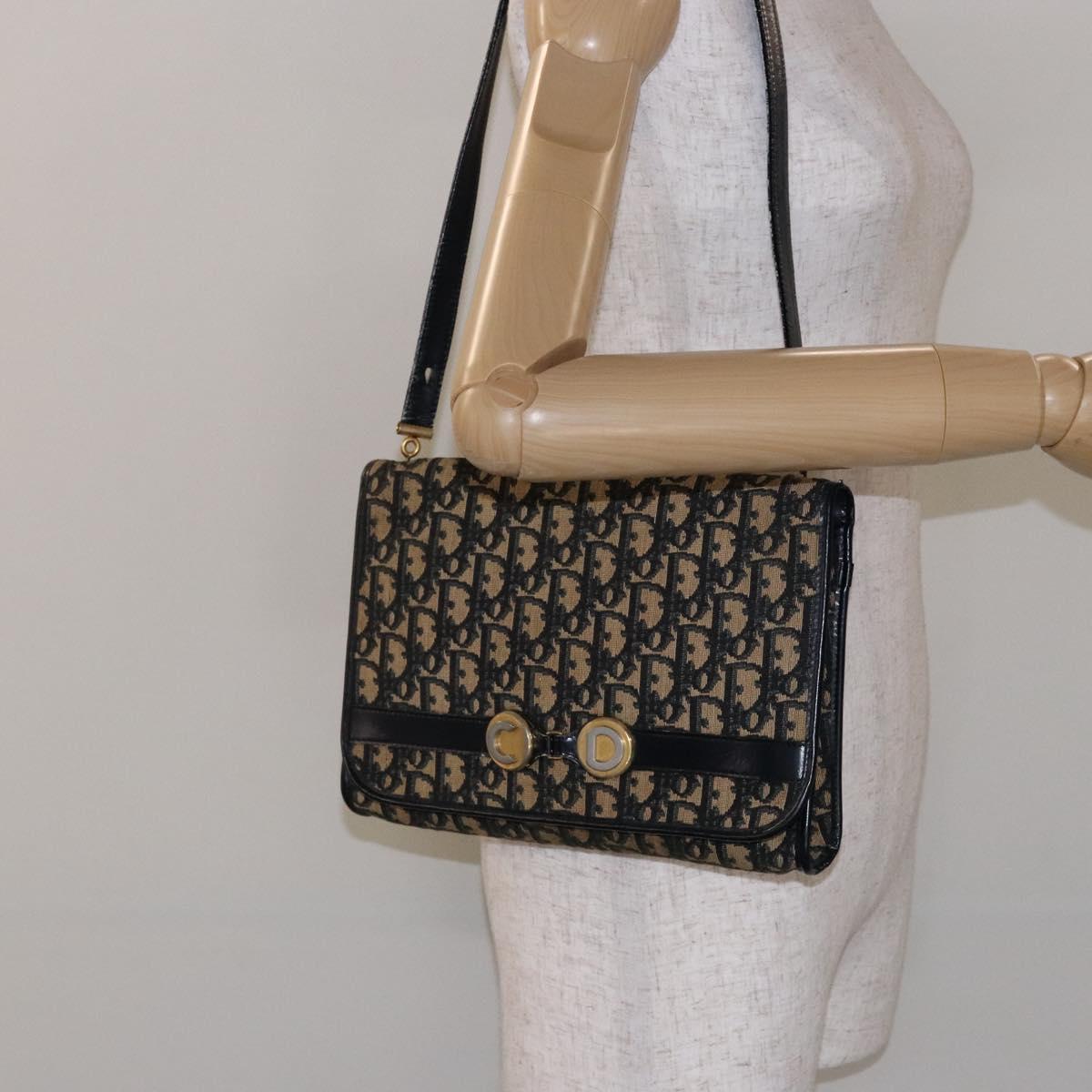 Christian Dior Trotter Canvas Shoulder Bag Navy Gold Auth 129696