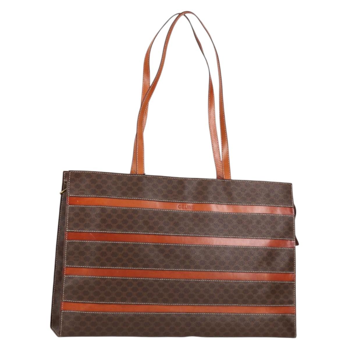 CELINE Macadam Canvas Tote Bag PVC Leather Brown Gold Auth 129707