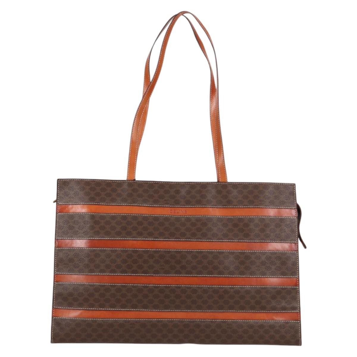 CELINE Macadam Canvas Tote Bag PVC Leather Brown Gold Auth 129707