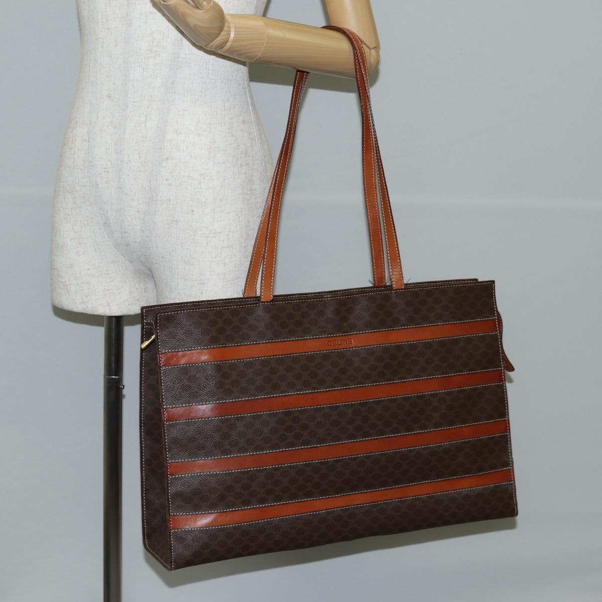 CELINE Macadam Canvas Tote Bag PVC Leather Brown Gold Auth 129707