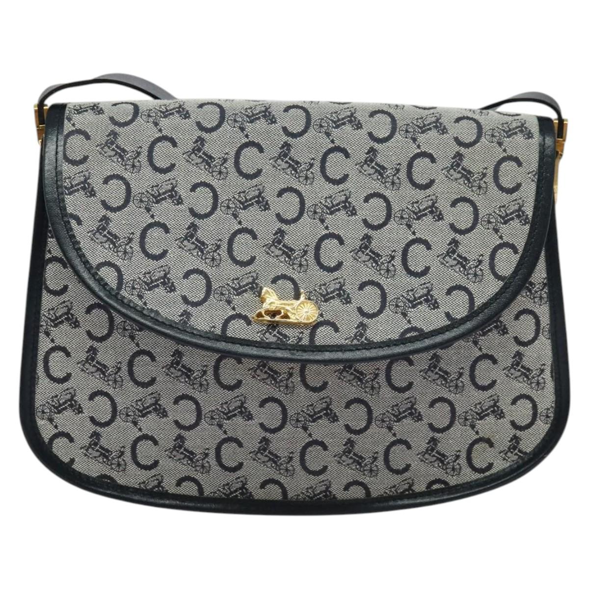 CELINE C Sulky Shoulder Bag Canvas Navy Gold Auth 129708