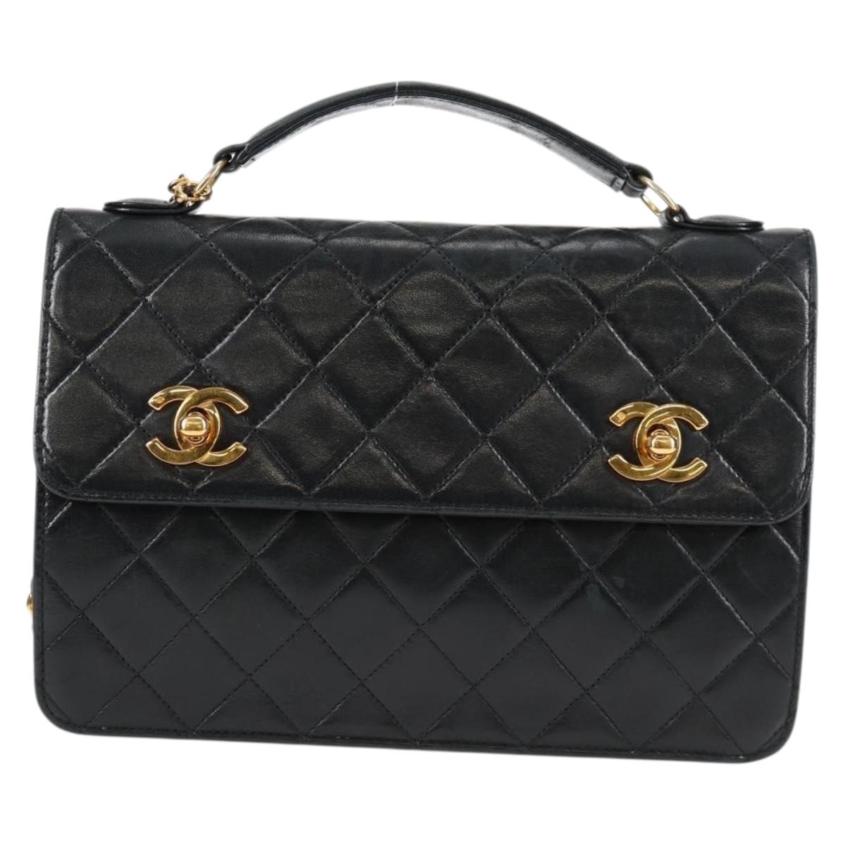 CHANEL Matelasse Chain Shoulder Bag Lamb Skin 2way Black Gold CC Auth 129737SV