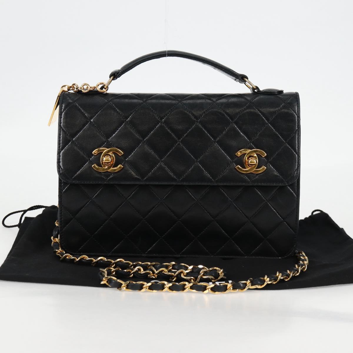 CHANEL Matelasse Chain Shoulder Bag Lamb Skin 2way Black Gold CC Auth 129737SV