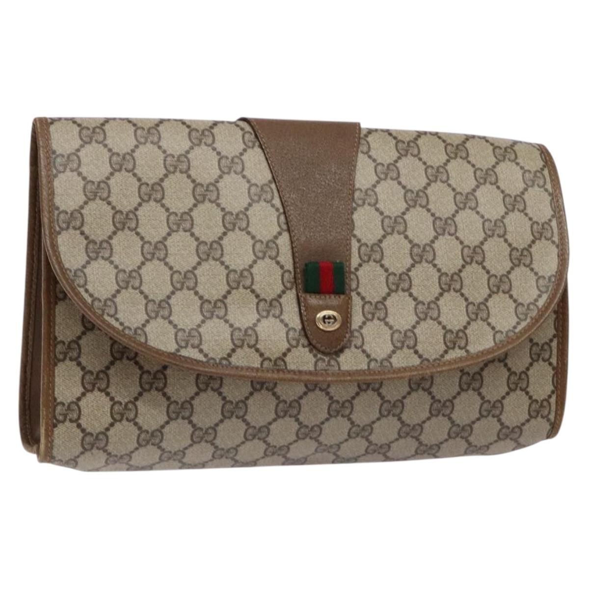 GUCCI GG Supreme Web Sherry Line Clutch Bag PVC Beige Gold 89 01 031 Auth 129766