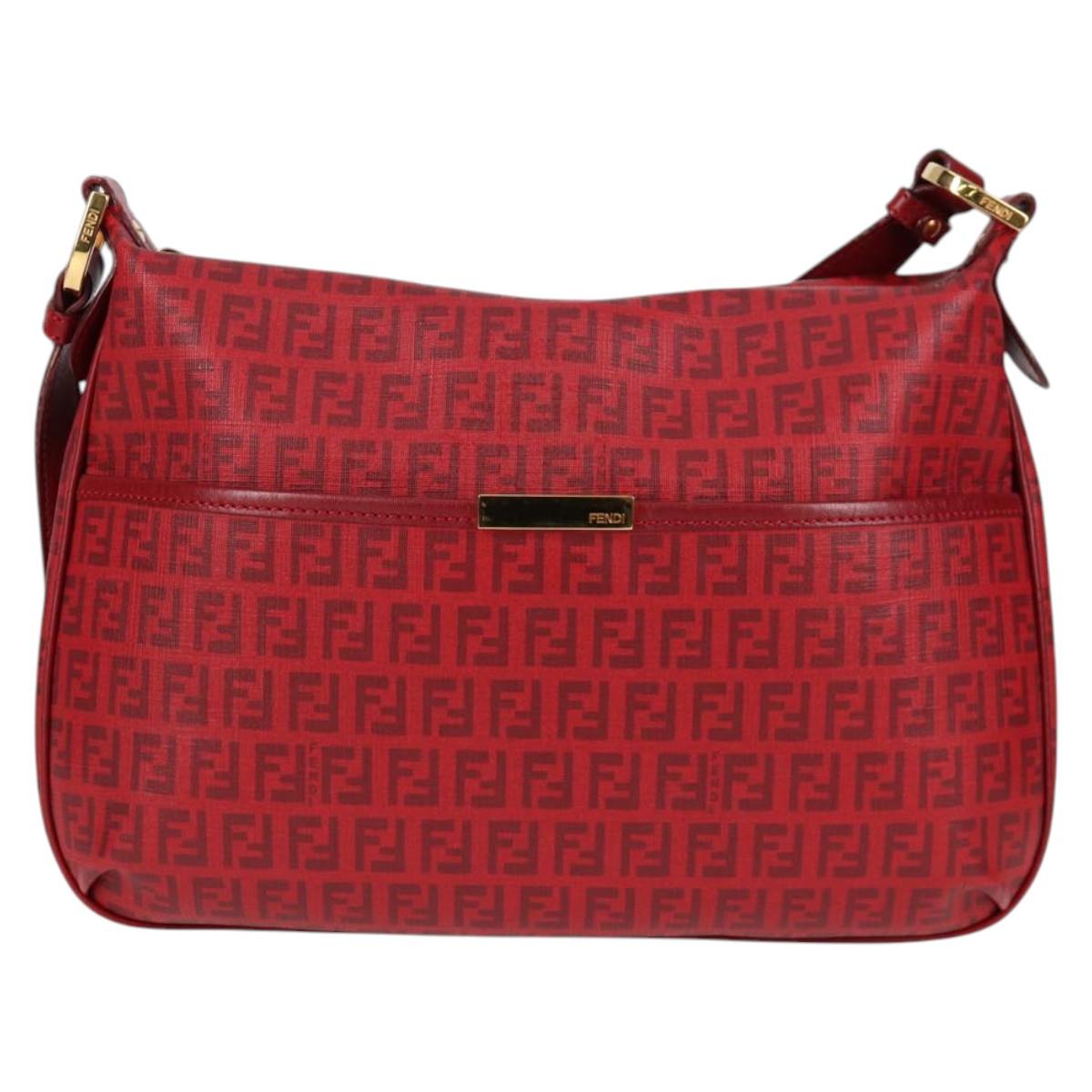 FENDI Zucchino Canvas Shoulder Bag PVC Red Gold Auth 129767V