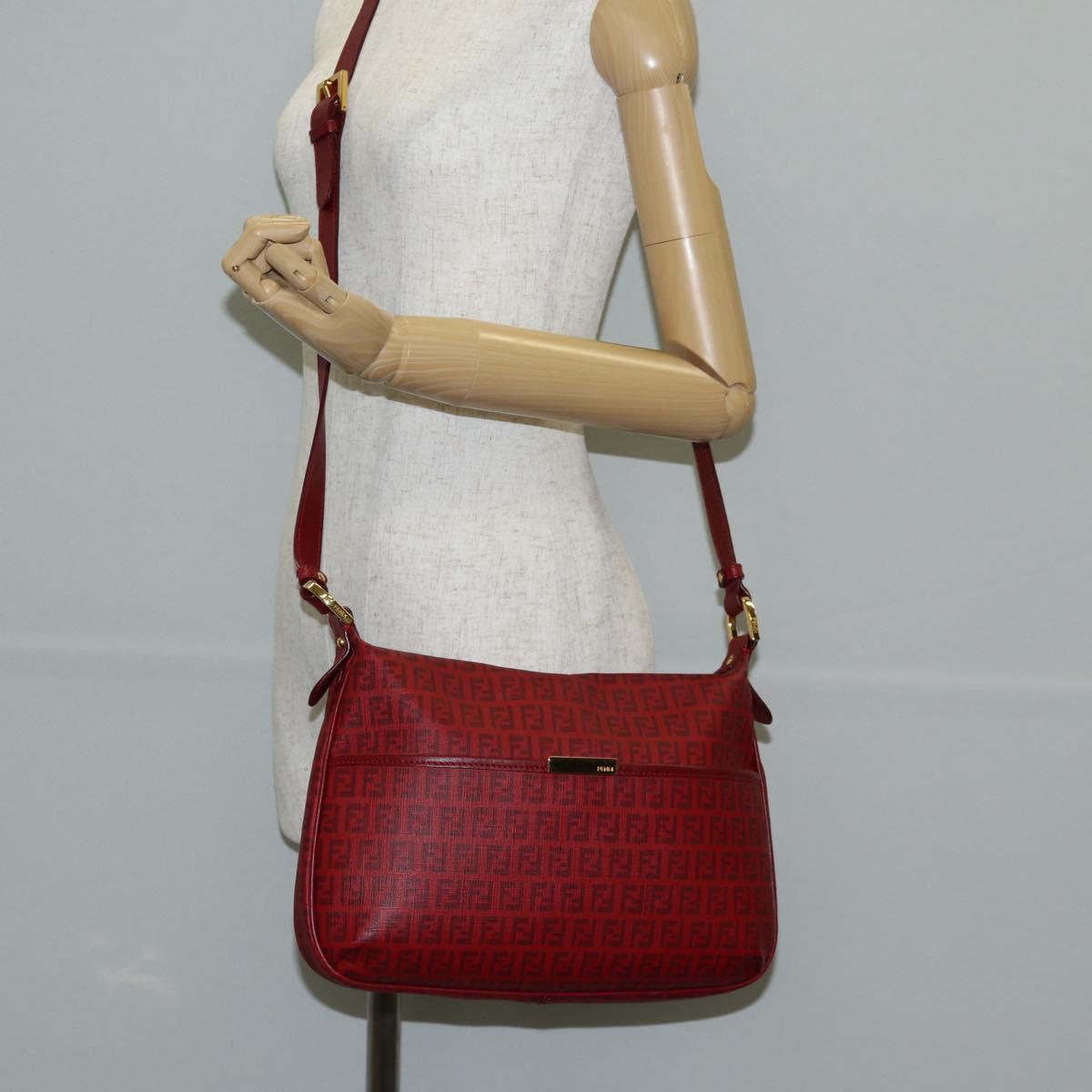 FENDI Zucchino Canvas Shoulder Bag PVC Red Gold Auth 129767V