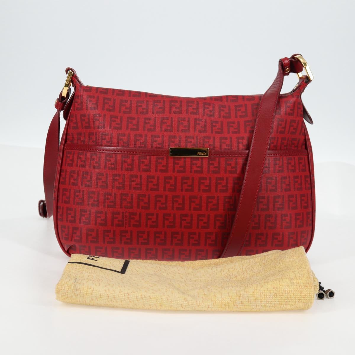 FENDI Zucchino Canvas Shoulder Bag PVC Red Gold Auth 129767V