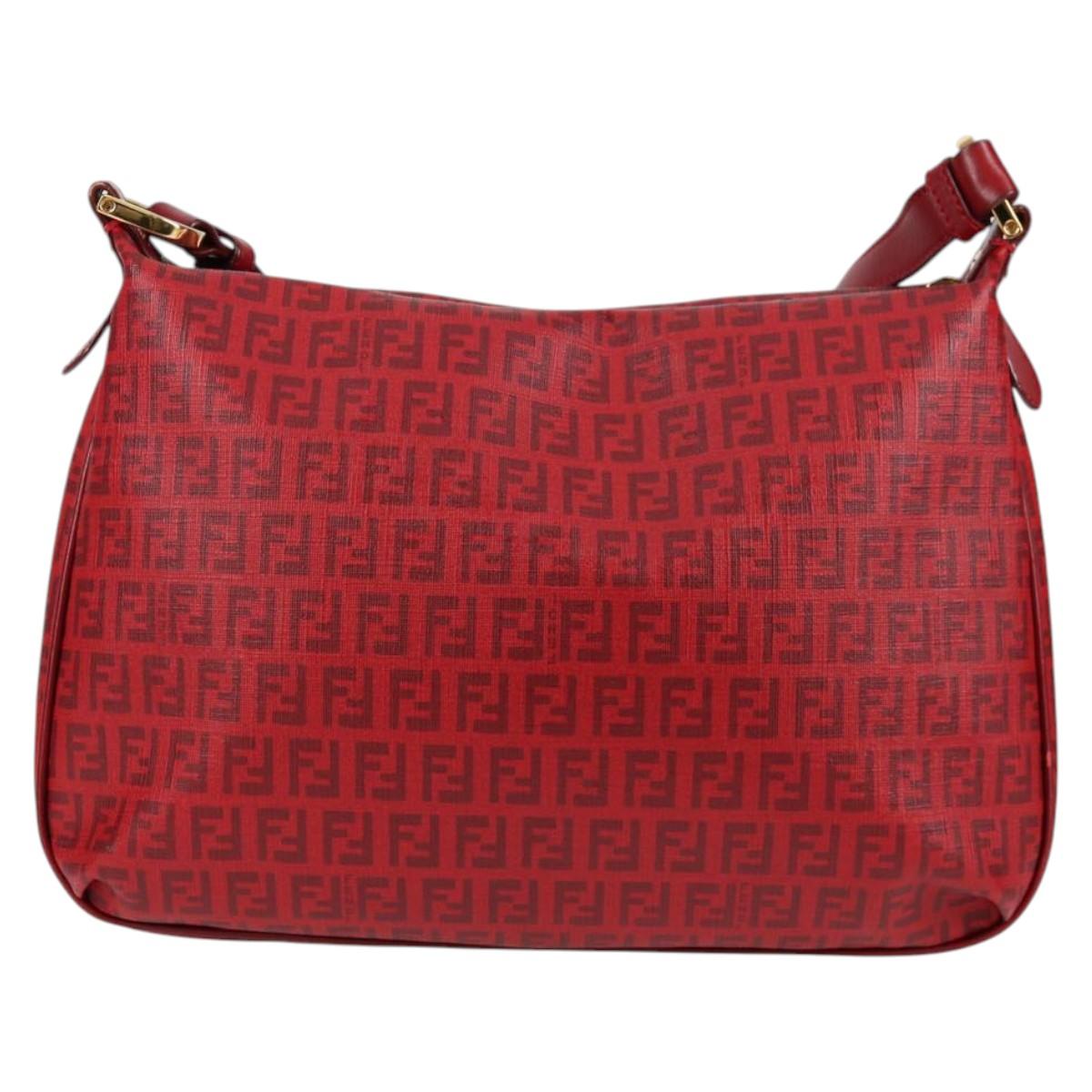 FENDI Zucchino Canvas Shoulder Bag PVC Red Gold Auth 129767V