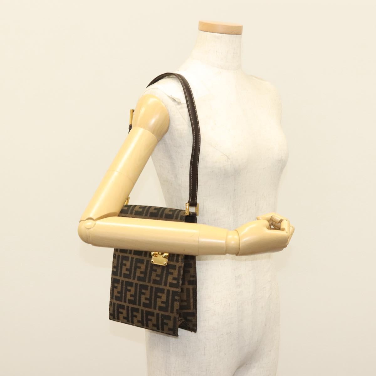 FENDI Zucca Canvas Shoulder Bag Black Brown Auth 129768