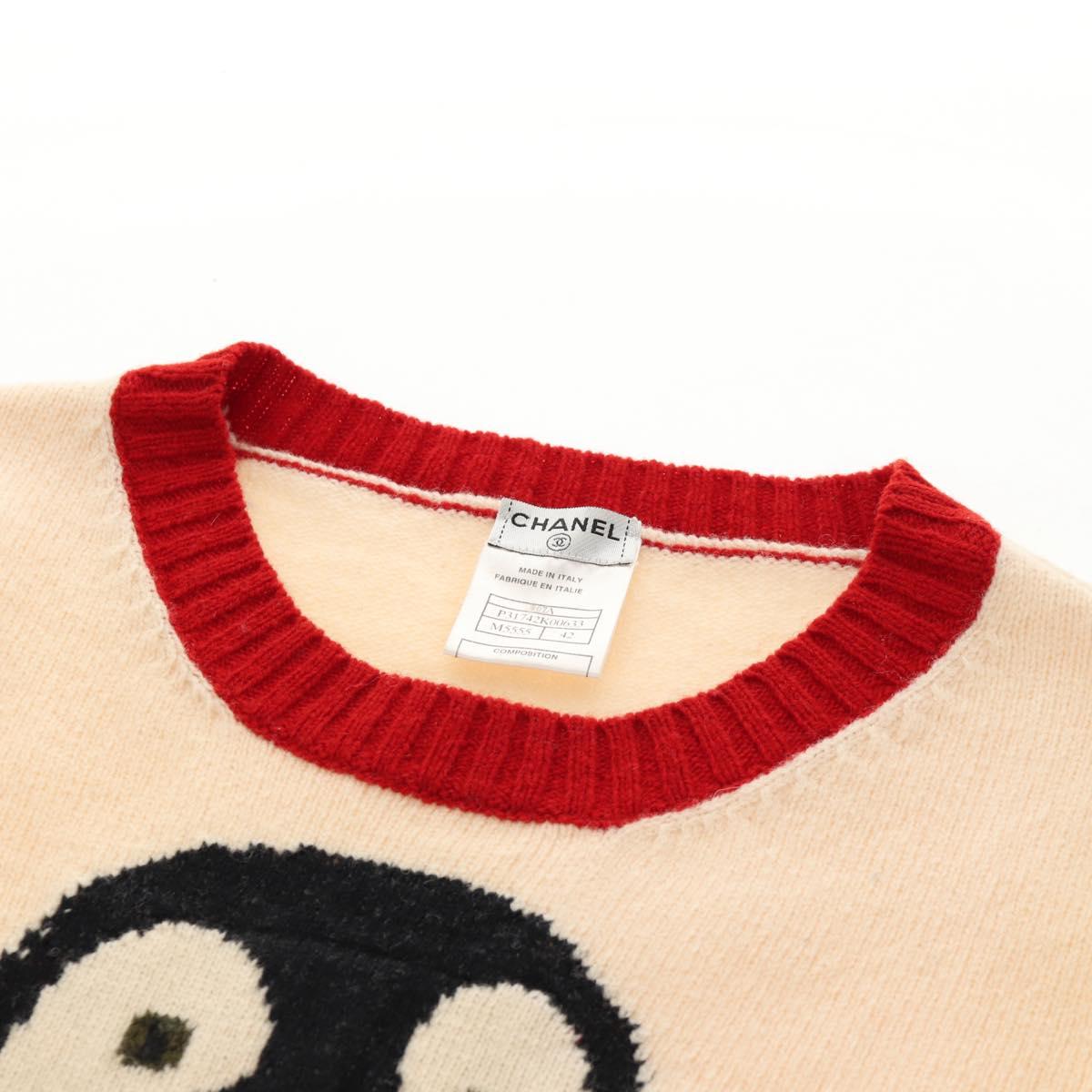 CHANEL Sweater Wool Beige Red black CC Auth 129782M