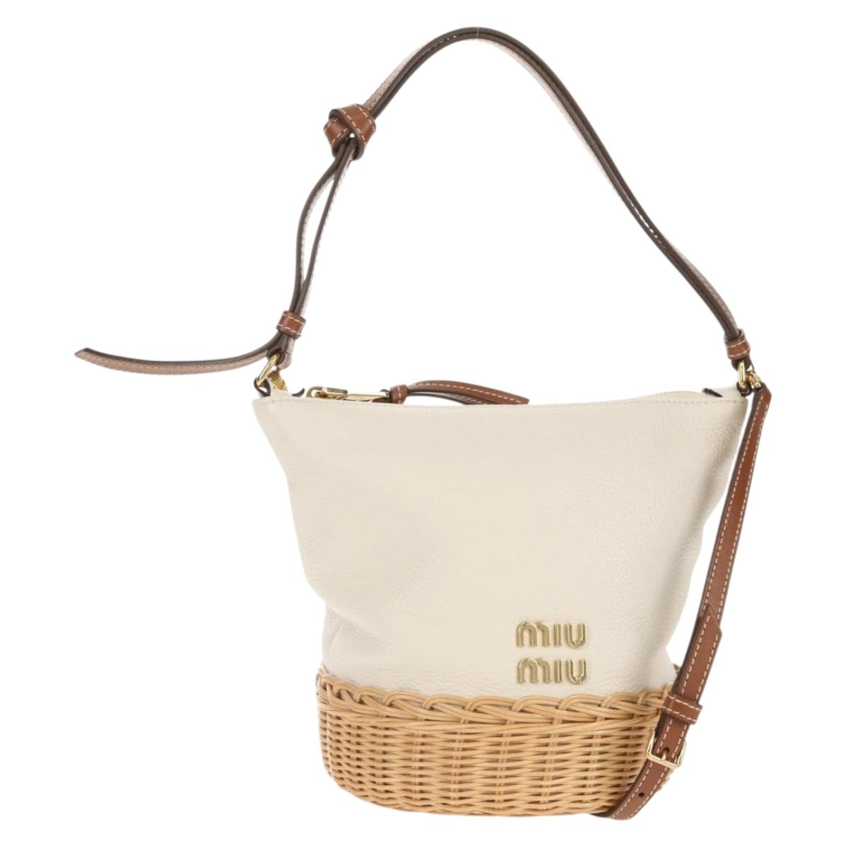 Miu Miu Shoulder Bag Raffia White Gold Auth 129783M