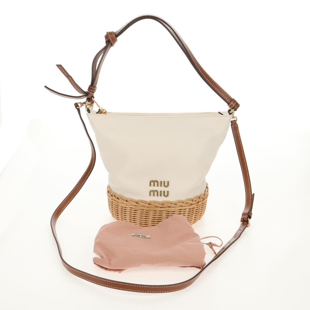 Miu Miu Shoulder Bag Raffia White Gold Auth 129783M