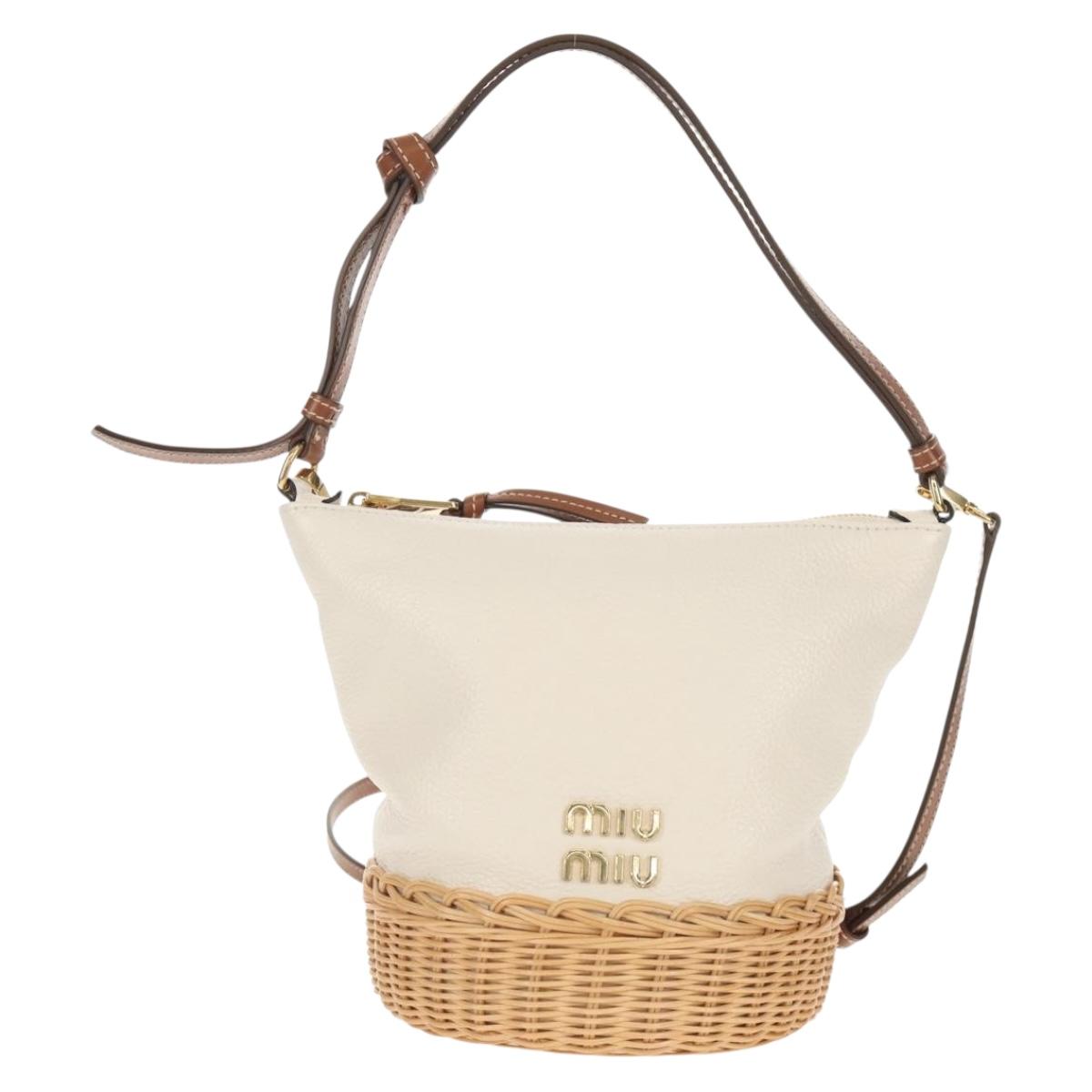 Miu Miu Shoulder Bag Raffia White Gold Auth 129783M