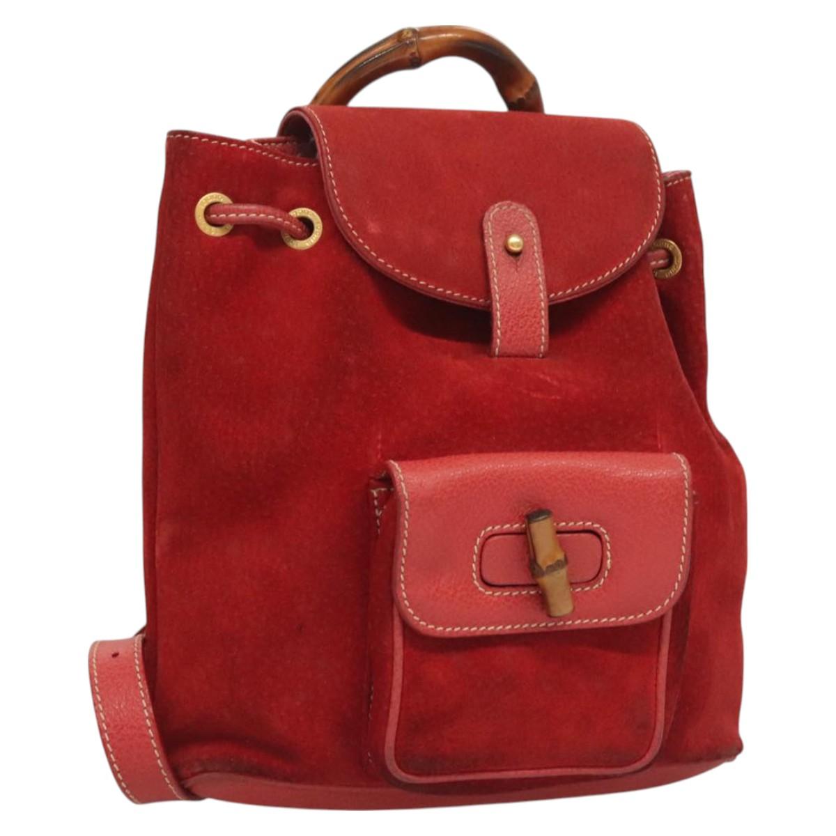 GUCCI Bamboo Backpack Suede Leather Red Gold 003 1956 0030 Auth 129916