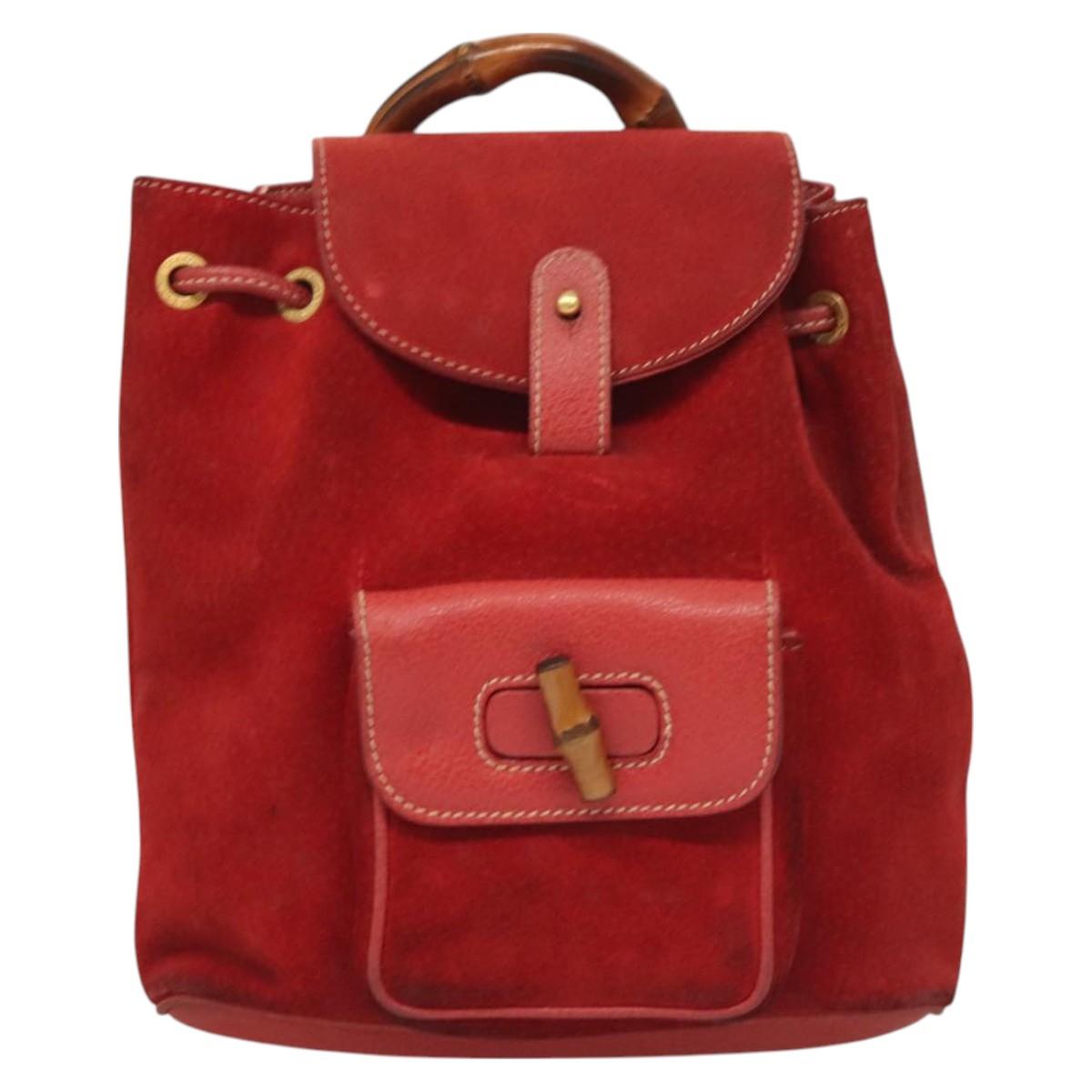 GUCCI Bamboo Backpack Suede Leather Red Gold 003 1956 0030 Auth 129916