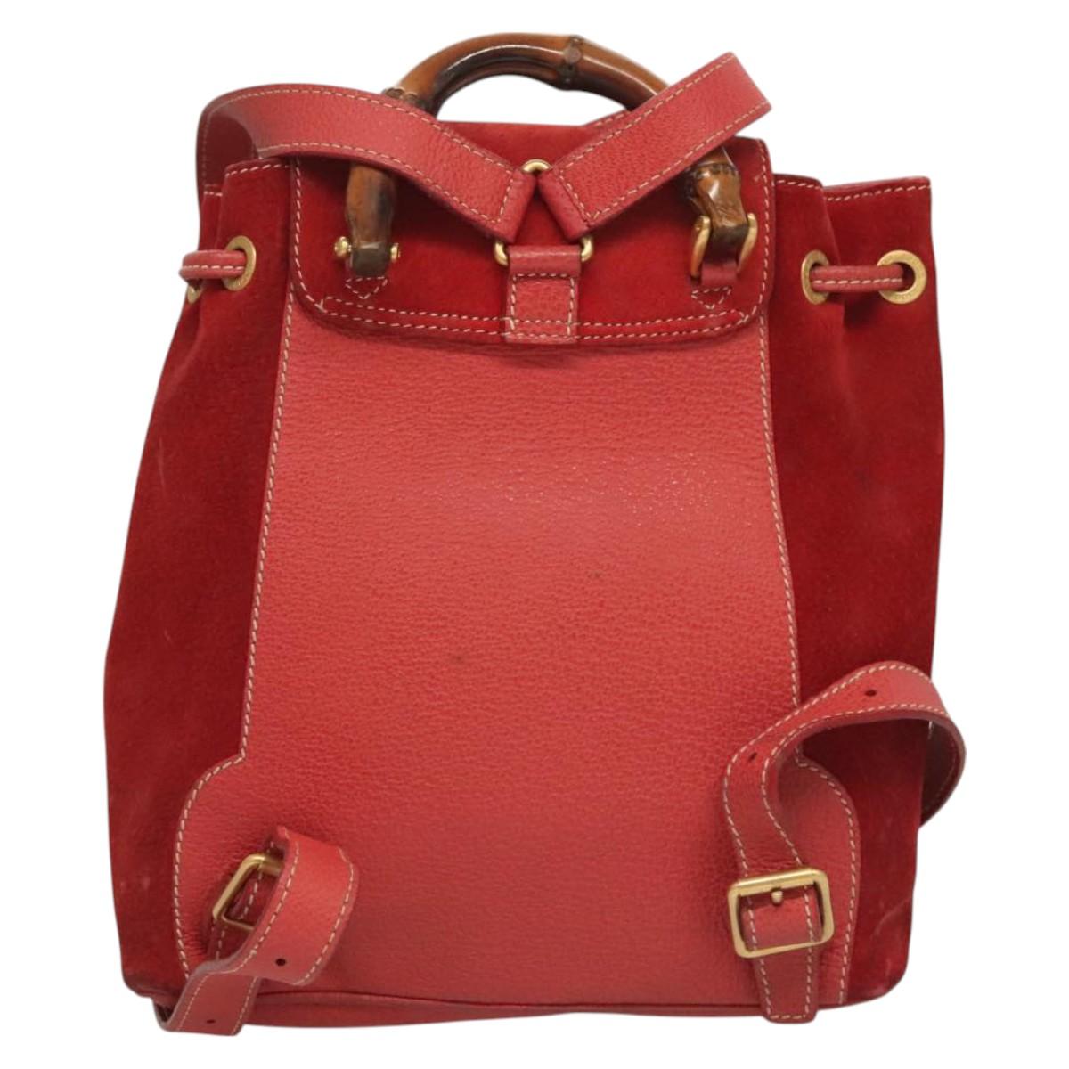 GUCCI Bamboo Backpack Suede Leather Red Gold 003 1956 0030 Auth 129916