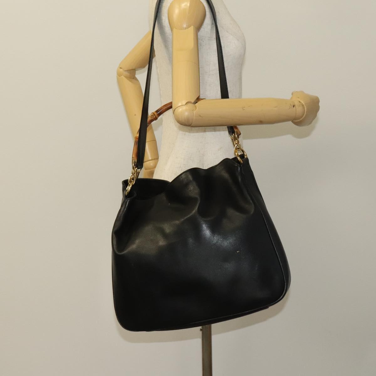 GUCCI Bamboo Hand Bag Leather 2way Black Gold 001 1577 Auth 129922