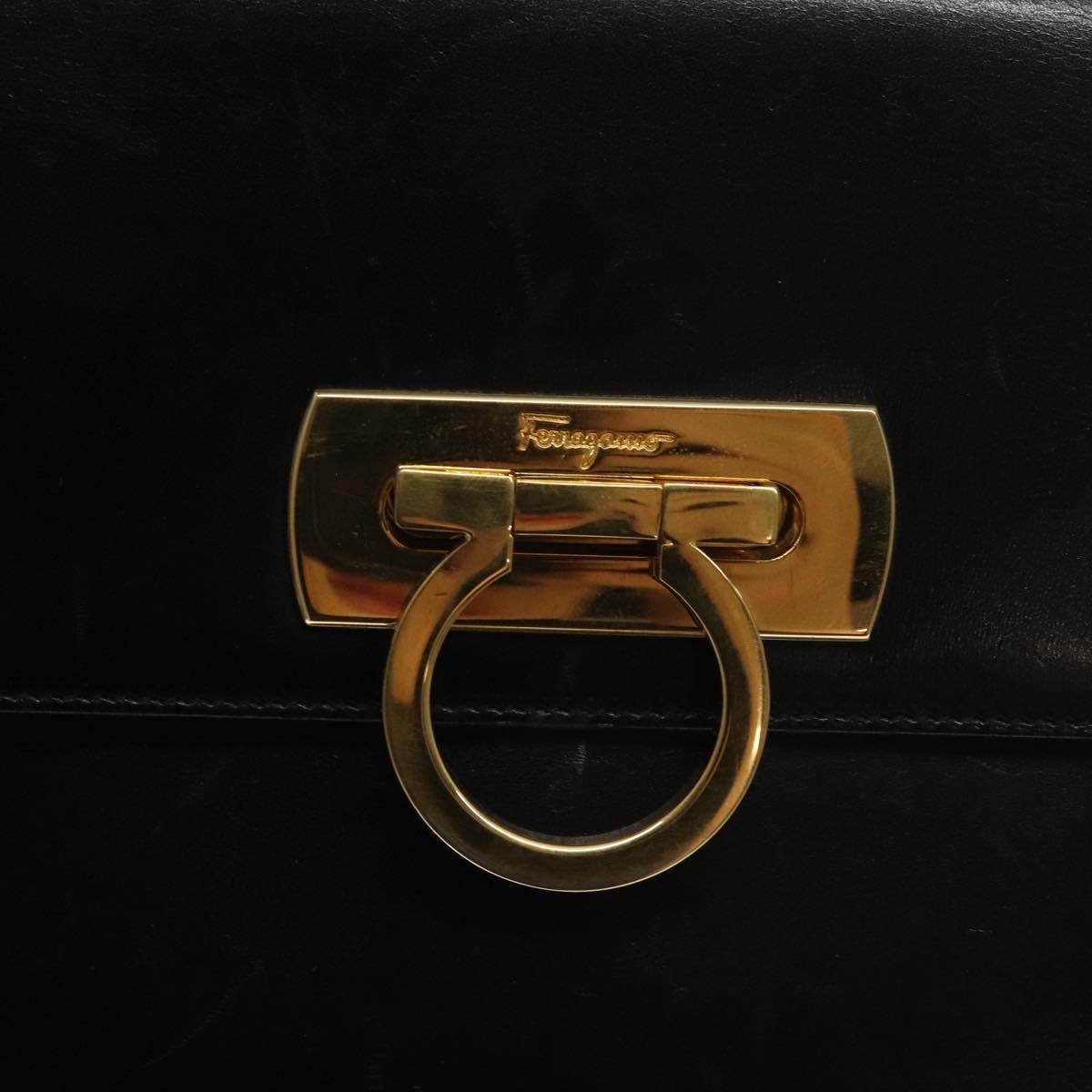 Salvatore Ferragamo Gancini Hand Bag Leather 2way Black Gold Auth 129924