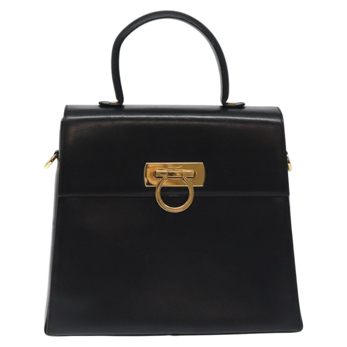 Salvatore Ferragamo Gancini Hand Bag Leather 2way Black Gold Auth 129924
