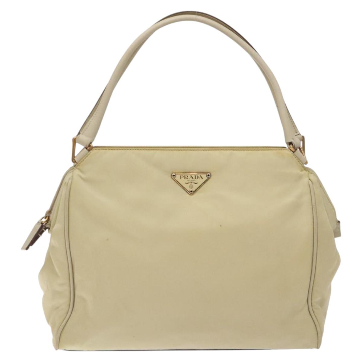 PRADA Hand Bag Nylon Leather Beige Gold Auth 129935