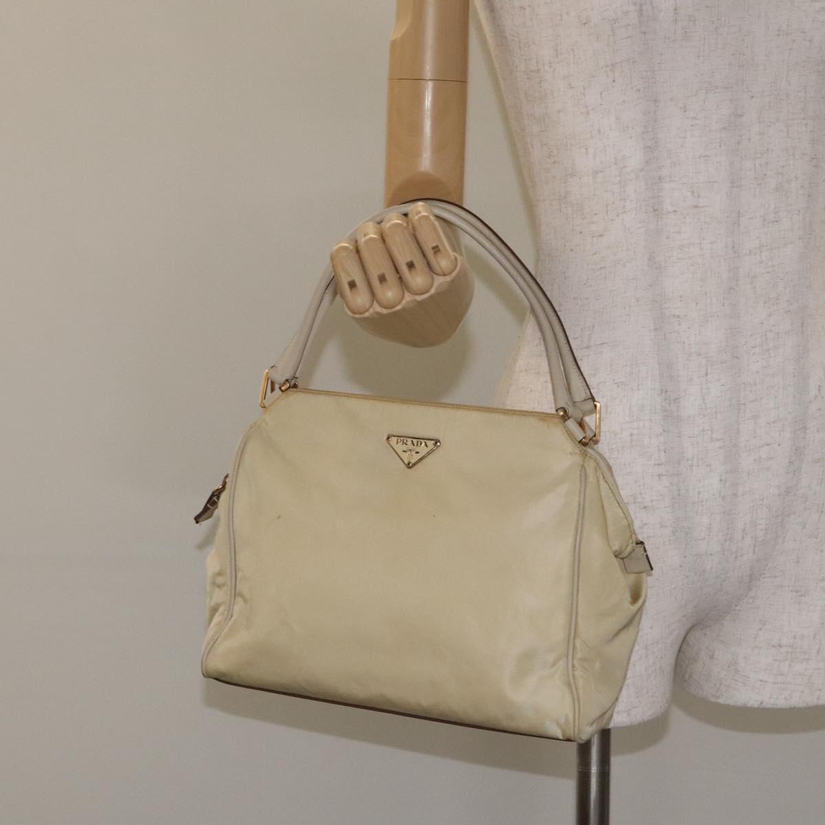 PRADA Hand Bag Nylon Leather Beige Gold Auth 129935