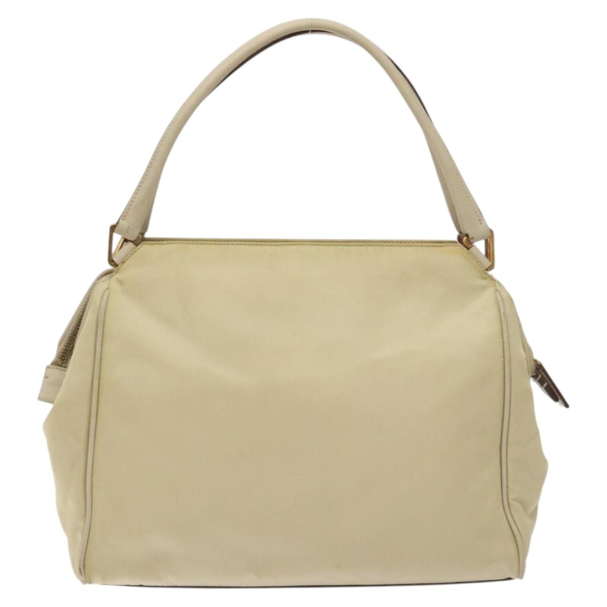 PRADA Hand Bag Nylon Leather Beige Gold Auth 129935