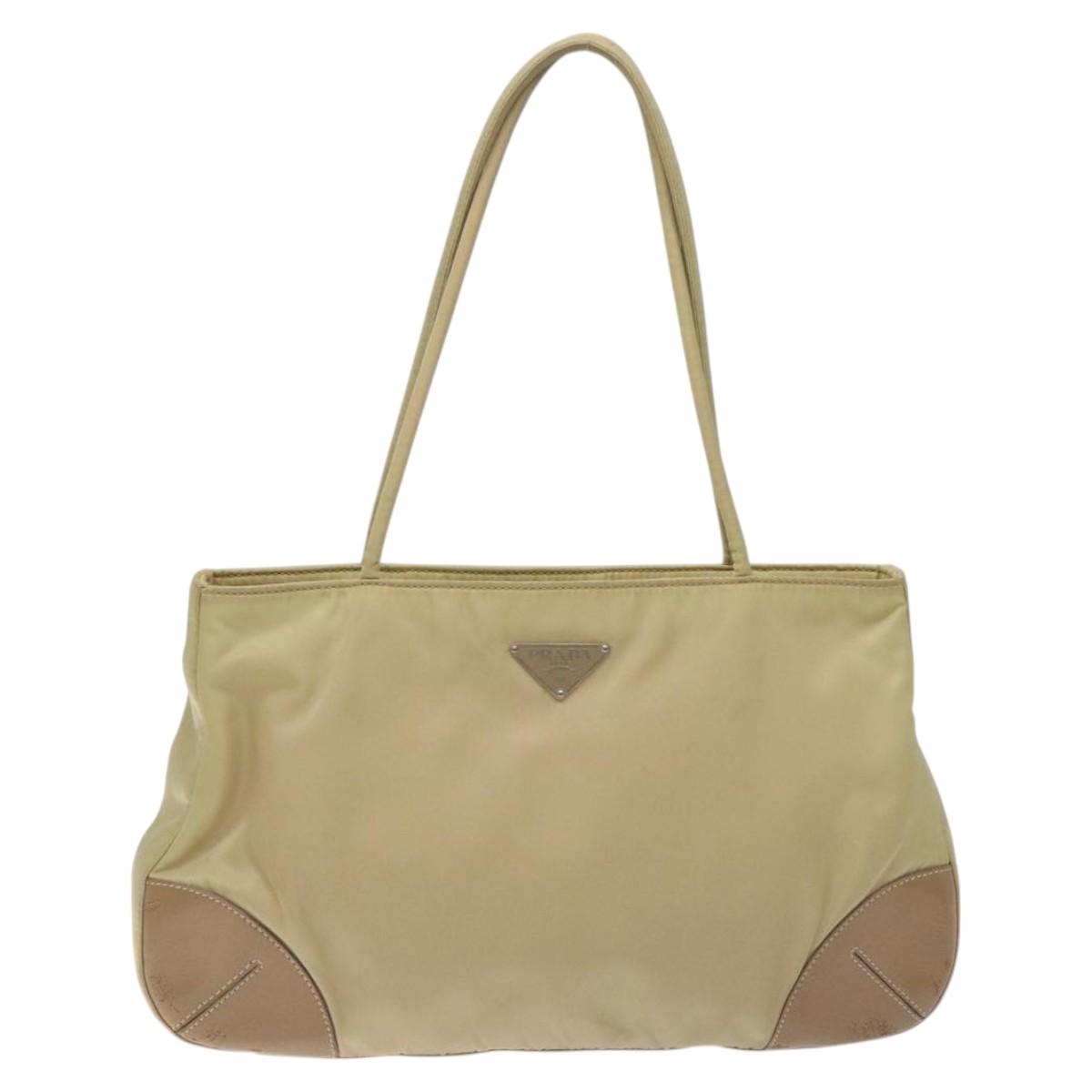 PRADA Tote Bag Nylon Leather Beige Silver Auth 129939