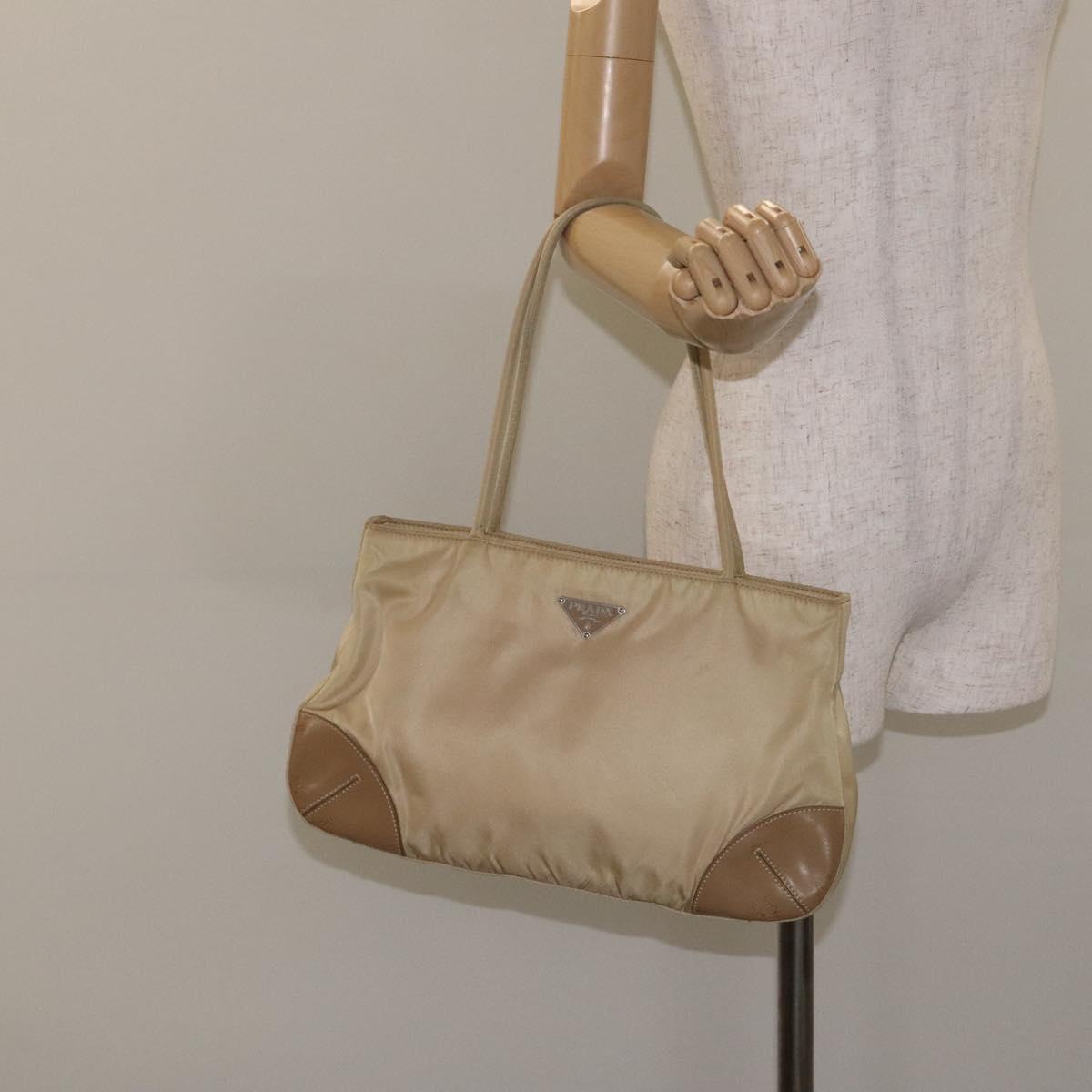 PRADA Tote Bag Nylon Leather Beige Silver Auth 129939