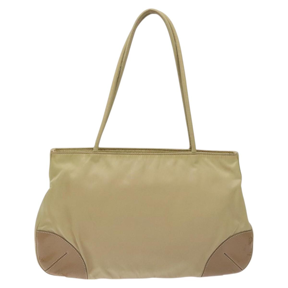PRADA Tote Bag Nylon Leather Beige Silver Auth 129939