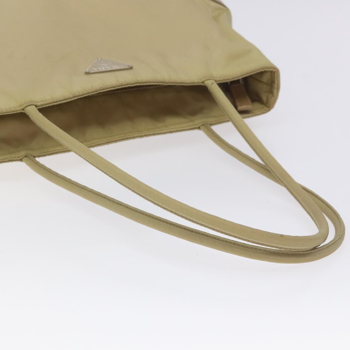 PRADA Tote Bag Nylon Leather Beige Silver Auth 129939