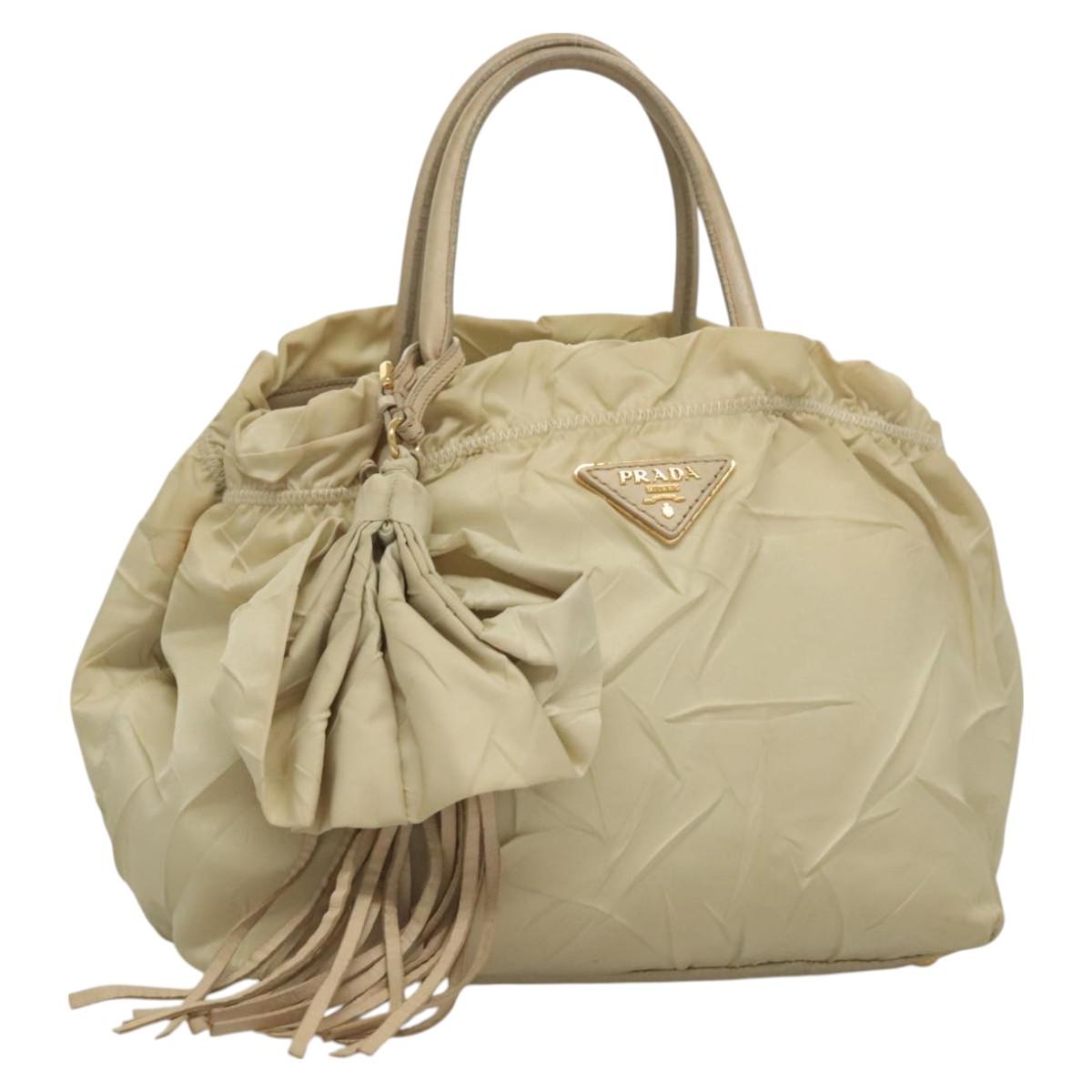 PRADA Hand Bag Nylon Beige Gold Auth 129942