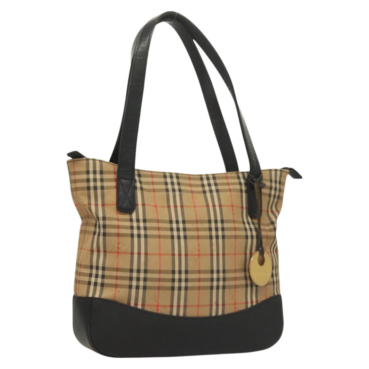 BURBERRY Nova Check Tote Bag Canvas Beige Gold Auth 129949