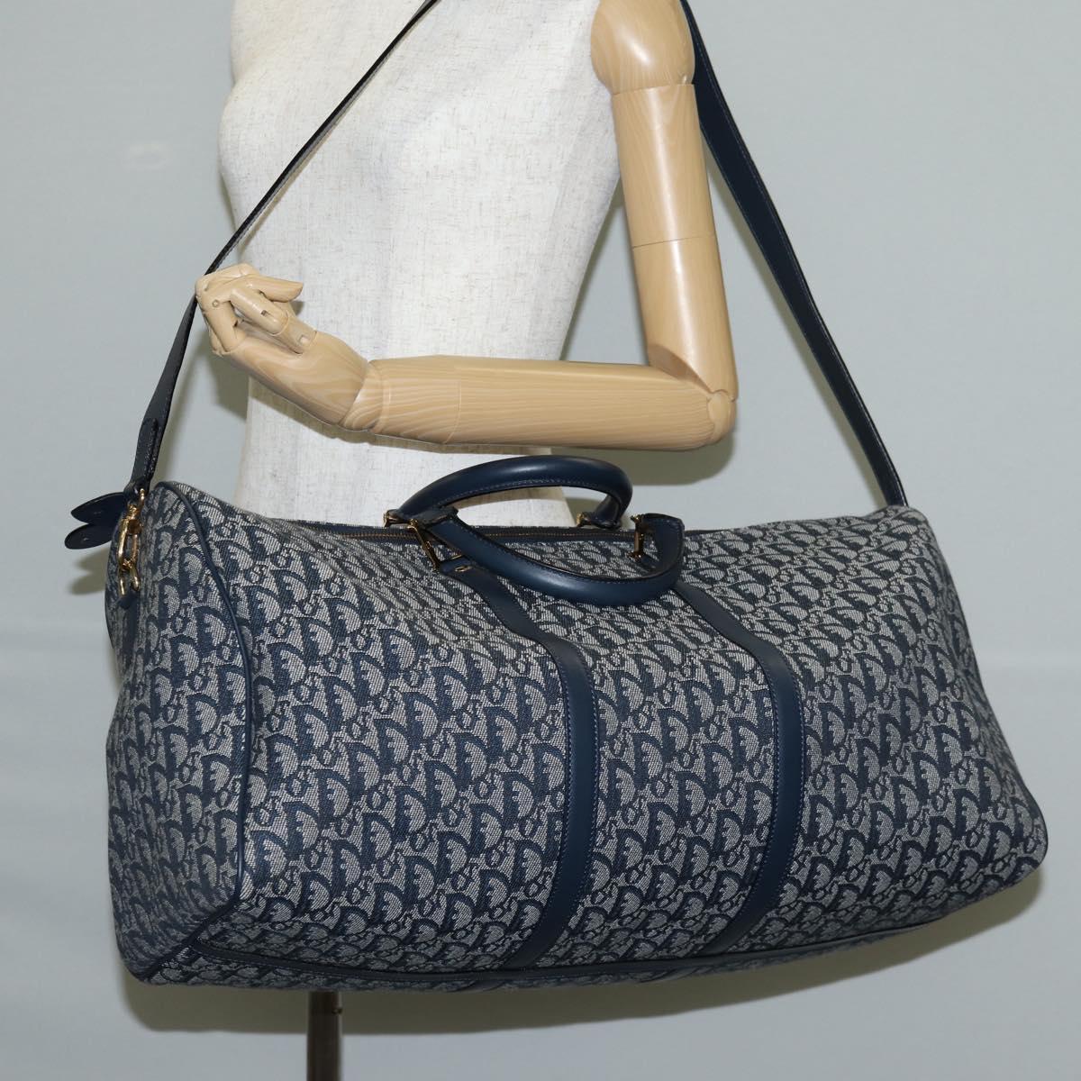 Christian Dior Trotter Canvas Boston Bag Navy Gold Auth 129964V