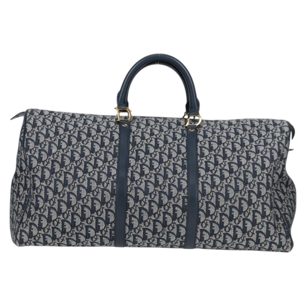 Christian Dior Trotter Canvas Boston Bag Navy Gold Auth 129964SAV
