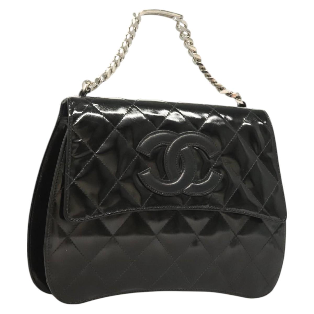 CHANEL Matelasse COCO Mark Chain Hand Bag Patent Black Silver CC Auth 130042V