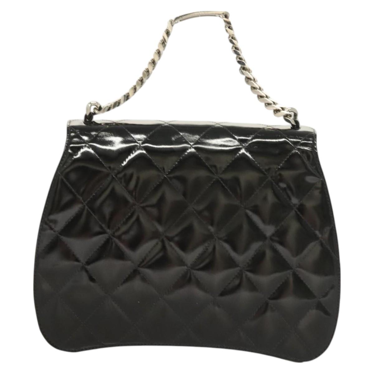 CHANEL Matelasse COCO Mark Chain Hand Bag Patent Black Silver CC Auth 130042V