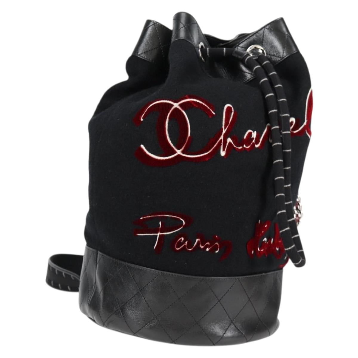 CHANEL Bicolore Shoulder Bag Wool Leather Black CC Auth 130048M