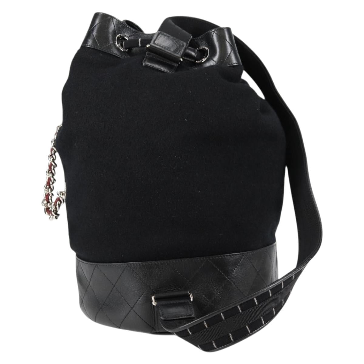 CHANEL Bicolore Shoulder Bag Wool Leather Black CC Auth 130048M