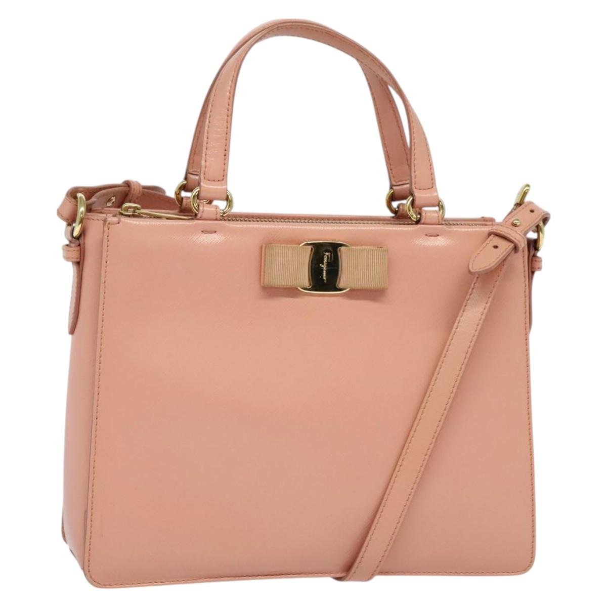 Salvatore Ferragamo Vala Hand Bag Leather 2way Pink Gold Auth 130110